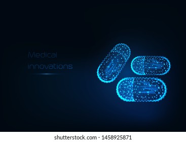 Futuristic glowing low polygonal drug capsules made of stars, lines,dots, and text Medical innovation on dark blue background. Pharmaceutical industry concept. Modern design vector illustration.