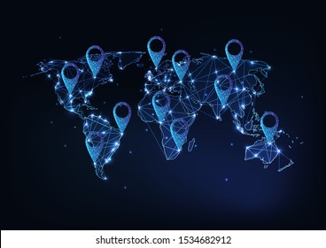 Futuristic glowing low polygonal  earth map with GPS location signs on dark blue background. Travel the world, navigation concept. Modern wire frame mesh design vector illustration. 