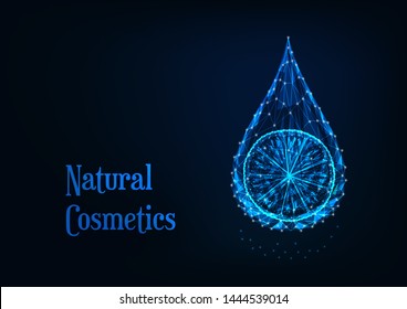 Futuristic glowing low polygonal essential oil drop with lemon slice and text isolated on dark blue background. Natural cosmetics concept. Modern design vector illustration.