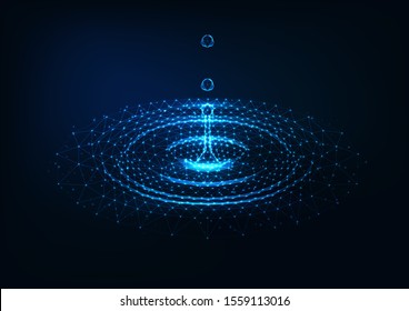 Futuristic glowing low polygonal falling water drops and water circle ripples on dark blue background. Refreshing, pure natural spring water concept. Modern wire frame mesh design vector illustration.