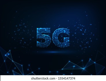 Futuristic glowing low polygonal fast 5G internet connection concept made of lines, light particles, dots on dark blue background. Innovative technologies. Modern mesh design vector illustration.