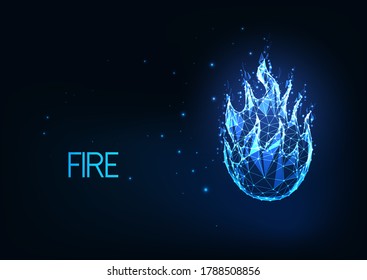 Futuristic glowing low polygonal  fire, campfire, bright blue flame isolated on dark blue background. Modern wire frame mesh design vector illustration.  