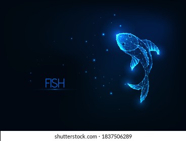 Futuristic glowing low polygonal fish isolated on dark blue background. Oceanarium, marine science concept. Modern wireframe mesh design vector illustration.