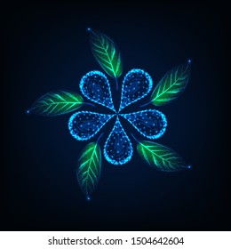 Futuristic glowing low polygonal five petal flower and green leaves made of lines, dots, stars, triangles isolated on dark blue background. Modern wireframe design vector illustration.