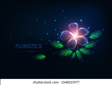 Futuristic glowing low polygonal Floristics, online flower shop concept with purple flower and green leaves on dark blue background. Modern wire frame mesh design vector illustration.