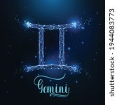 Futuristic glowing low polygonal Gemini zodiac sign concept on dark blue background.