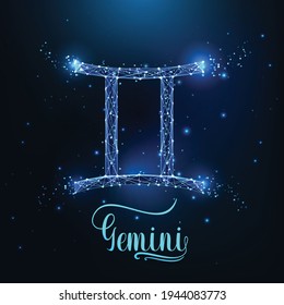 Futuristic glowing low polygonal Gemini zodiac sign concept on dark blue background.