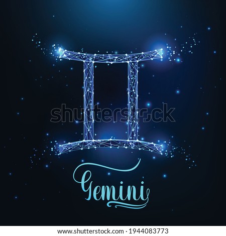 Futuristic glowing low polygonal Gemini zodiac sign concept on dark blue background.