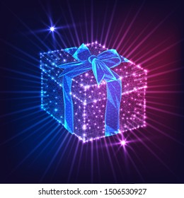 Futuristic glowing low polygonal gift box with ribbon bow and shiny rays and stars isolated on dark blue and purple background. Surprise, birthday or Christmas present concept. Vector illustration.