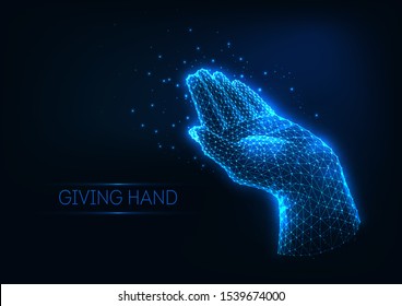 Futuristic glowing low polygonal giving human hand made of lines, stars, light particles isolated on dark blue background. Charity, care, help concept. Modern wireframe mesh design vector illustration