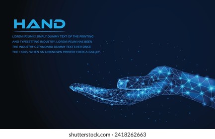 Futuristic glowing low polygonal giving a hand. Abstract human hand technological concept with Low poly blue and Polygonal.