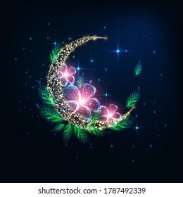 Futuristic glowing low polygonal golden crescent moon decorated with pink flowers and green leaves on dark blue night background. Modern wire frame mesh design vector illustration.