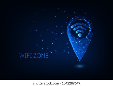 Futuristic glowing low polygonal gps and wifi symbols isolated on dark blue background. Wi-fi zone location concept. Moder wire frame mesh design vector illustration. 