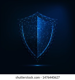 Futuristic Glowing Low Polygonal Guard Shield Symbol Isolated On Dark Blue Background. Cyber Security. Data Protection Concept. Modern Wireframe Design Vector Illustration.