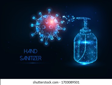 Futuristic glowing low polygonal hand sanitizer bottle against coronavirus banner on dark blue background. Modern wire frame mesh design vector illustration.