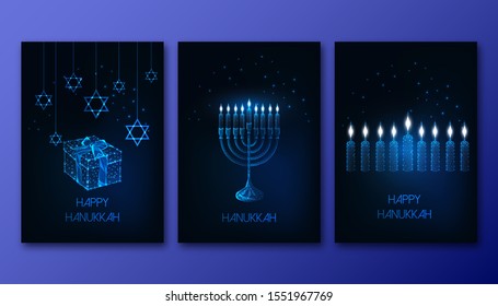 Futuristic glowing low polygonal Hanukkah celebration posters set with menorah, burning, candles, gift box and David star on dark blue background. Modern wire frame mesh design vector illustration. 