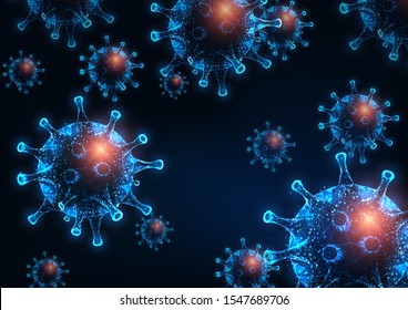 Futuristic glowing low polygonal hiv, influenza or rotavirus cells on dark blue background. Immunology, microbiology concept. Modern wire frame mesh design vector  illustration.