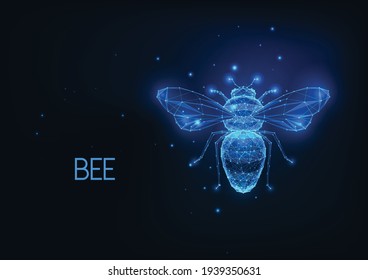 Futuristic glowing low polygonal honey bee isolated on dark blue background