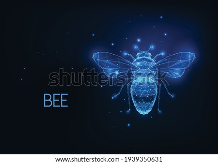 Futuristic glowing low polygonal honey bee isolated on dark blue background