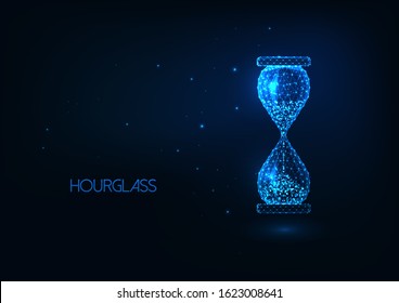 Futuristic glowing low polygonal hourglass isolated on dark blue background. Modern wire frame mesh design vector illustration.