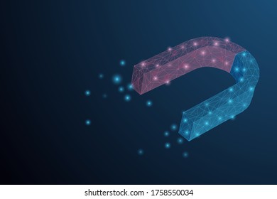 Futuristic glowing low polygonal hourseshoe shaped magnet made of stars, lines, dots, triangles isolated on dark blue background. Technology and physics concept. Modern wireframe vector illustration.