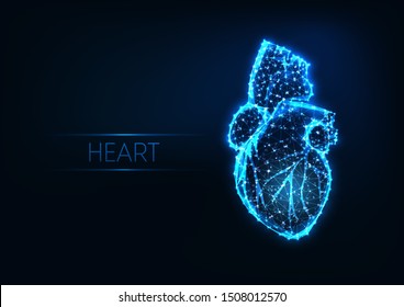 Futuristic glowing low polygonal human heart made of lines, dots, stars, triangles, light spots isolated on dark blue background. Cardiology concept. Modern wireframe design vector illustration.