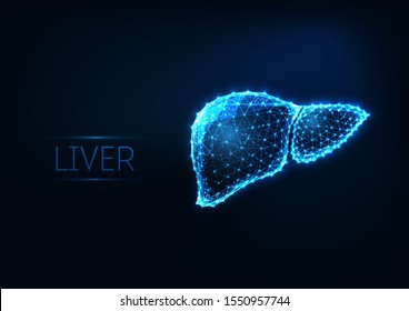 Futuristic glowing low polygonal human liver made of lines, light particles  isolated on dark blue background. Internal organs medical research concept. Modern wire frame design vector illustration.