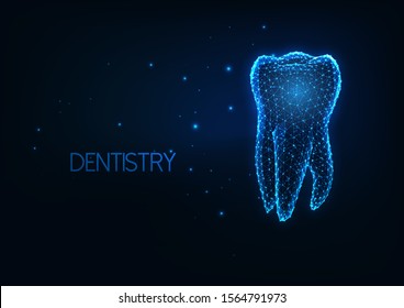 Futuristic glowing low polygonal human molar tooth isolated on dark blue background. Dentistry, teeth care concept. Modern wire frame mesh design vector illustration.