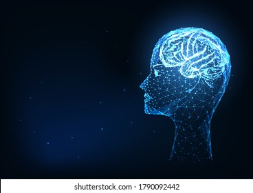 Futuristic glowing low polygonal human head and brain isolated on dark blue background. Artificial intelligence. Neurology, psychology. Modern wire frame mesh design vector illustration. 