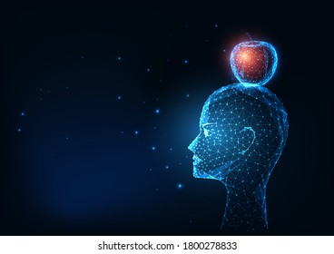 Cabeza poligonal humana futurista brillante baja y manzana roja aislada en fondo azul oscuro. Ilustración vectorial de diseño de malla de marco de alambre moderno. 