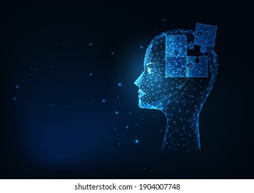 Futuristic glowing low polygonal human head with puzzles elements for psychology or medical conceptual design on dark blue background. Modern wireframe mesh design vector illustration.