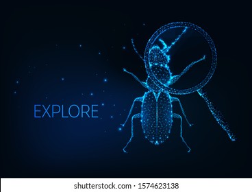 Futuristic glowing low polygonal insect bug with enlarged body part under magnifying glass isolated on dark blue background. Science project exploration, curiosity concept. Modern vector illustration.