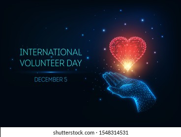 Futuristic glowing low polygonal International Volunteer Day concept with hand holding red heart and text on dark blue background. Modern wire frame mesh design vector illustration.