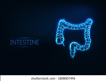 Futuristic glowing low polygonal intestine isolated on dark blue background. Gastroenterology research concept. Modern wireframe mesh design vector illustration. 