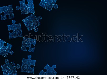 Futuristic glowing low polygonal jigsaw puzzle pieces abstract background with copy space for text on dark blue. Neon lines and stars network structure. Modern wireframe design vector illustration.