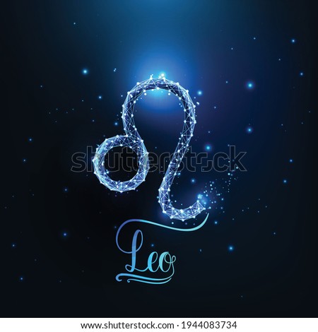 Futuristic glowing low polygonal Leo zodiac sign concept on dark blue background.