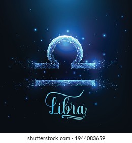 Futurista brillante bajo concepto de signo de libra zodiaco poligonal bajo sobre fondo azul oscuro.