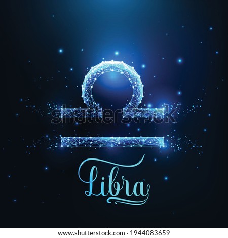 Futuristic glowing low polygonal Libra zodiac sign concept on dark blue background.