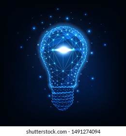 Futuristic glowing low polygonal light bulb made of lines, stars, dots, light spots isolated on dark blue background. Idea, creativity concept. Modern wireframe design vector illustration.