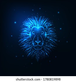 Futuristic glowing low polygonal lion head isolated on dark blue background. Modern wire frame mesh design vector illustration. 