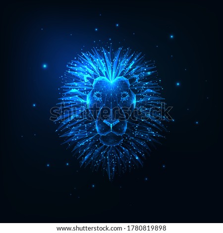 Futuristic glowing low polygonal lion head isolated on dark blue background. Modern wire frame mesh design vector illustration. 