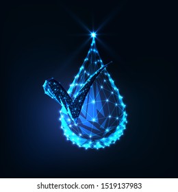 Futuristic glowing low polygonal liquid cosmetics or body care product with approved mark isolated on dark blue background. Dermatologically tested skin care solution. Modern vector illustration.