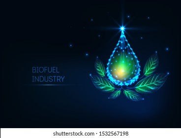 Futuristic glowing low polygonal liquid oil drop and green leaves on dark blue background. Biofuel, plant based, organic herbal oils concept. Modern wire frame mesh design vector illustration.