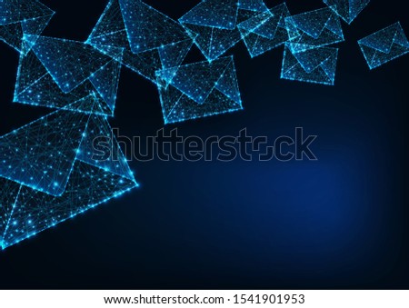 Futuristic glowing low polygonal mail envelopes made of lines, dots, light particles and copy space for text on dark blue background. Social media concept. Modern wire frame design vector illustration