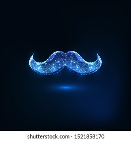 Futuristic glowing low polygonal male mustaches made of lines, stars, dots, triangles, isolated on dark blue background. Hipster, barbershop concept. Modern wire frame mesh design vector illustration.