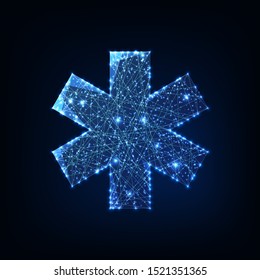 Futuristic glowing low polygonal medical symbol star of life made of lines, stars, particles, dots isolated on dark blue background. Health care concept. Modern wire frame design vector illustration.