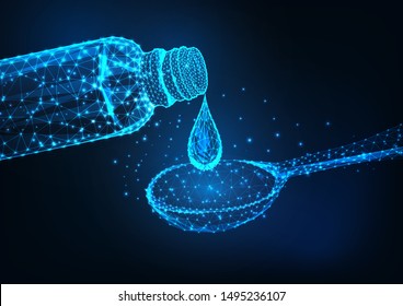 Futuristic glowing low polygonal medicine bottle, liquid drop and dosage spoon on dark blue background. Cough syrup, flu or cold remedy concept. Modern wireframe design vector illustration.