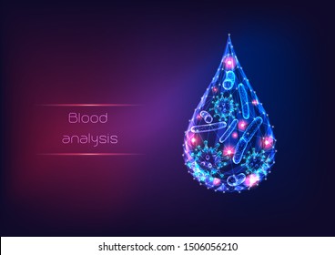 Futuristic glowing low polygonal microbes viruses and bacteria inside of a blood or water drop. Microbiology research and analysis concept. Modern wireframe design vector illustration.