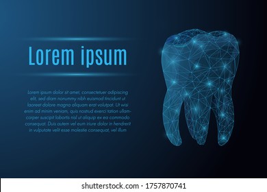 Futuristic glowing low polygonal model of human tooth made of stars, lines, dots, triangles isolated on dark blue background. Dental, toothcare, health and hygiene concept. Modern wireframe vector