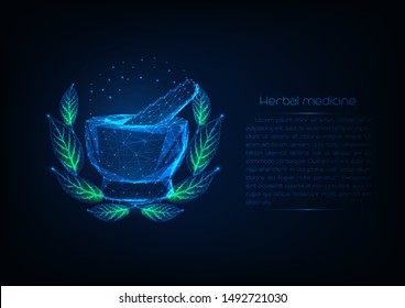 Futuristic glowing low polygonal mortar an pestle surrounded by wreath with green leaves and copy space for text. Herbal medicine concept. Grinding spices. Modern wireframe design vector illustration.